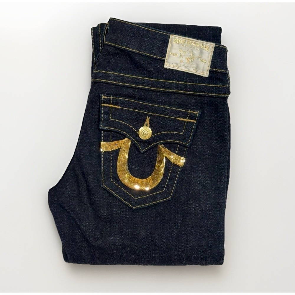 True Religion Billy Big T Straight Jean Gold Sequin Horseshoe Y2K Low Rise Sz 28